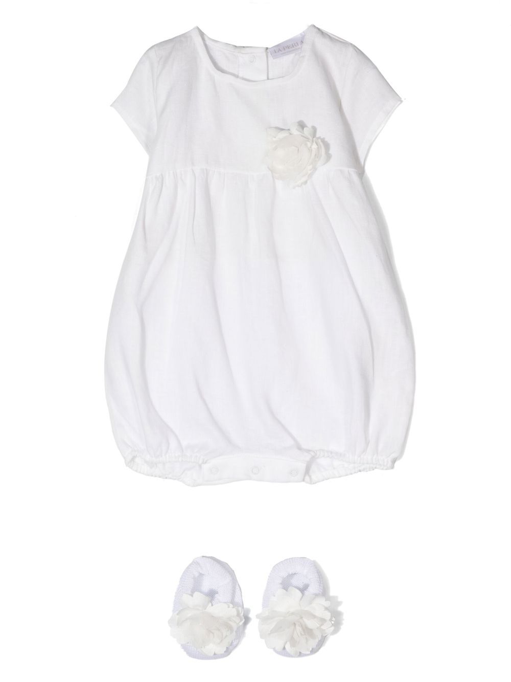 Floral-appliqué short-sleeved dress - White