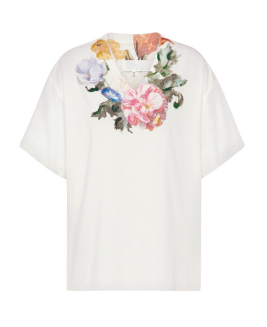 Off White Floral V Neck T-Shirt