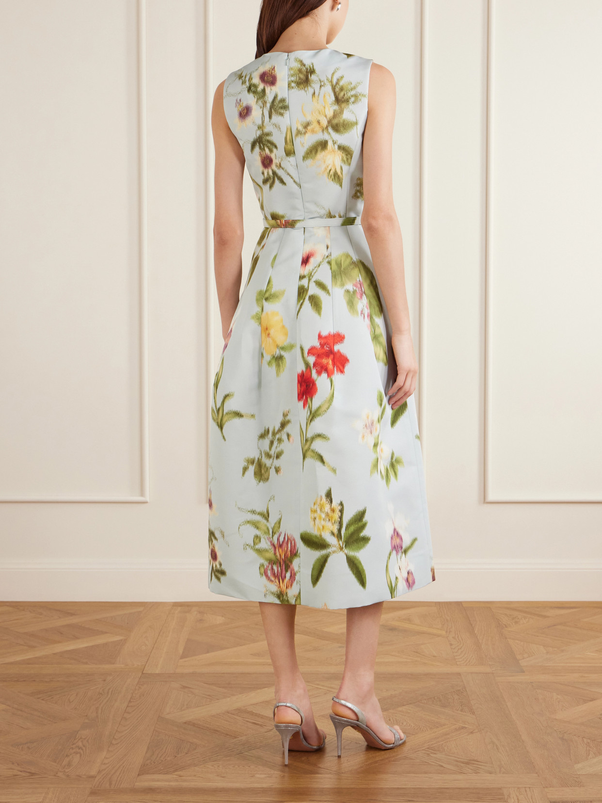 Belted Floral-print Faille Midi Dress - Blue