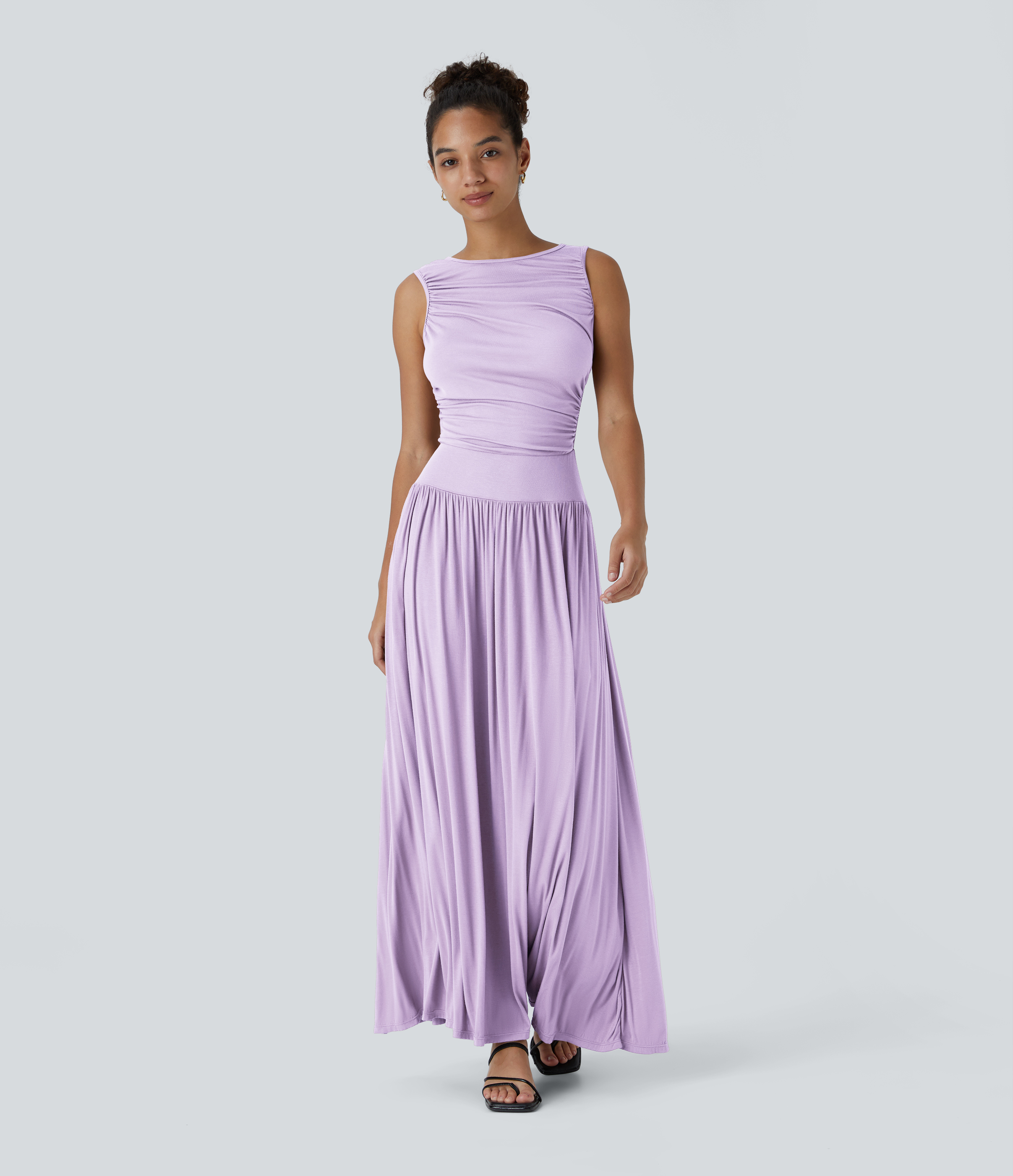 Ribbed Boat Neck Asymmetric Strap Ruched Pocket Flowy Maxi Casual Dress Casual Dress - Misty Purple