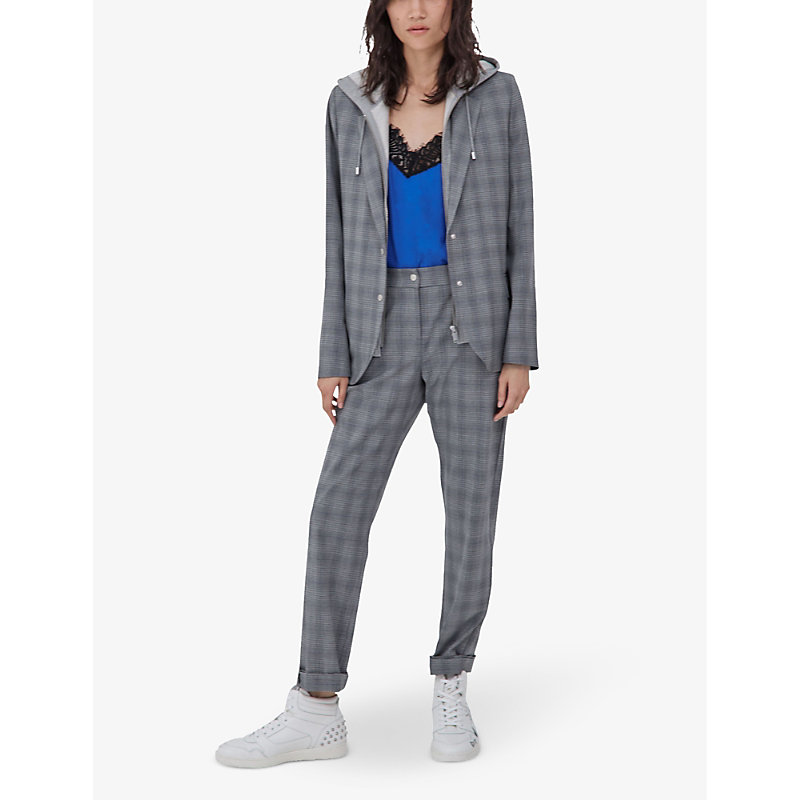 Womens Grey Check-print Hooded Stretch-woven Blazer