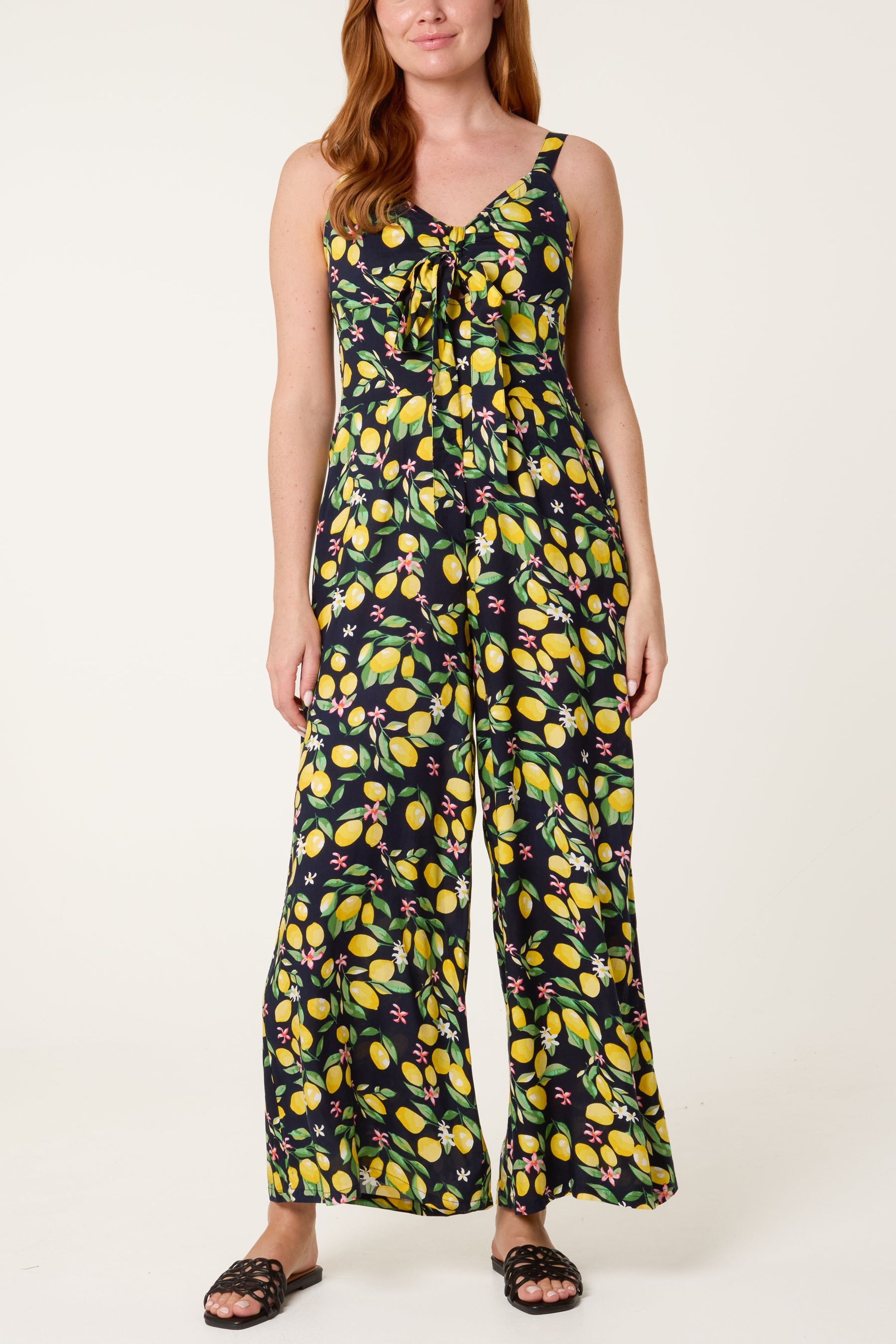 Blue Vanilla Women's Navy Lemon Print Front Tie Jumpsuit | : Mediu