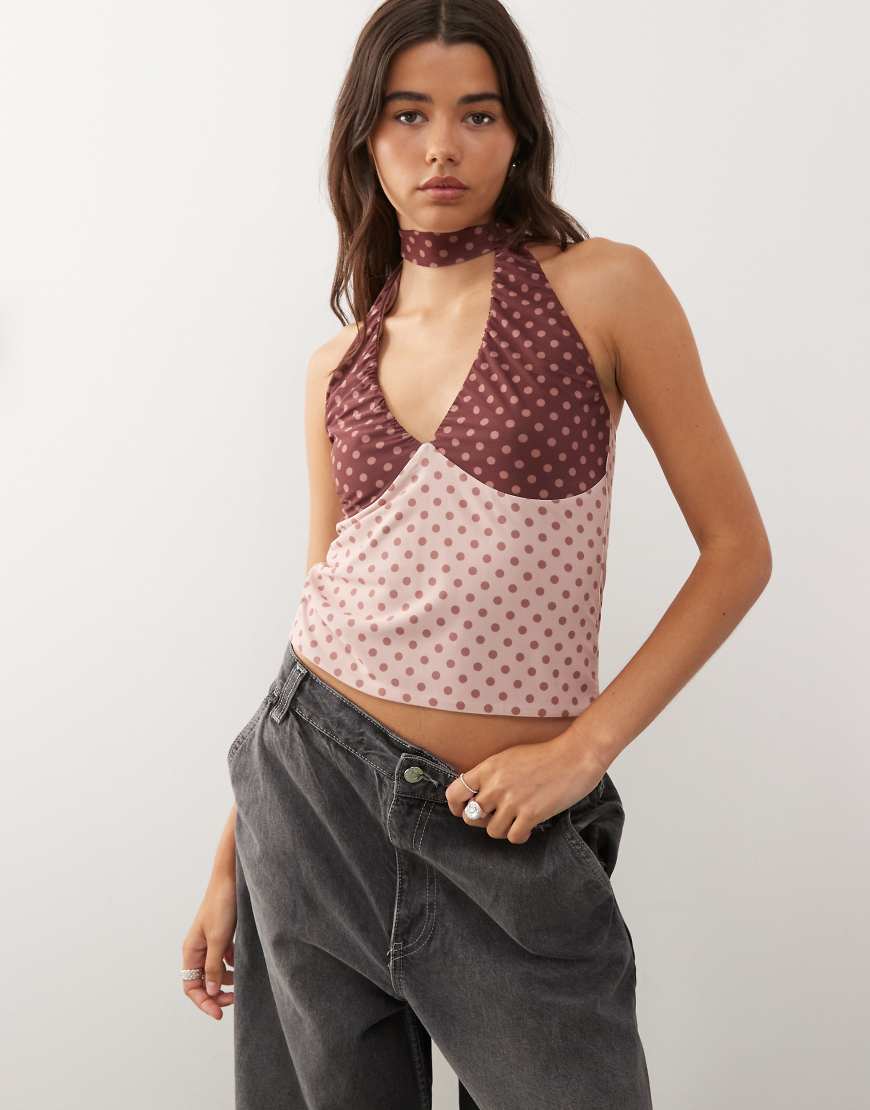 Mixed print scarf halter top in red and pink-Multi