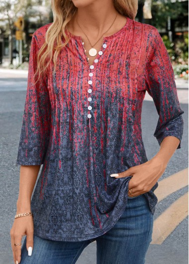 Modlily Coral Tuck Stitch Random Floral Print T Shirt