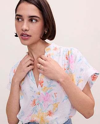 Ann Taylor Floral Linen Blend Split Neck Blouse