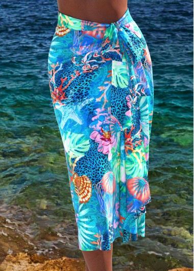 Modlily Bowknot Marine Life Print Cyan Cover Up