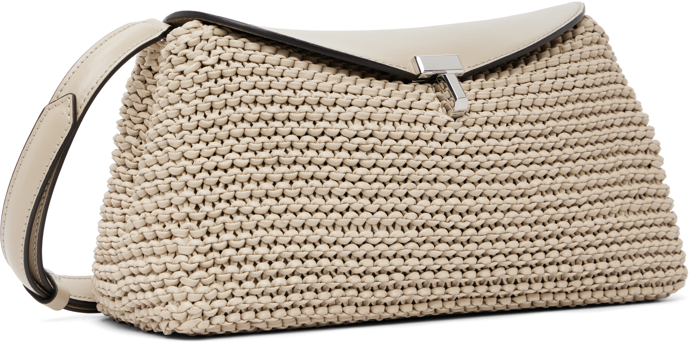 Beige T-Lock Woven-Leather Clutch