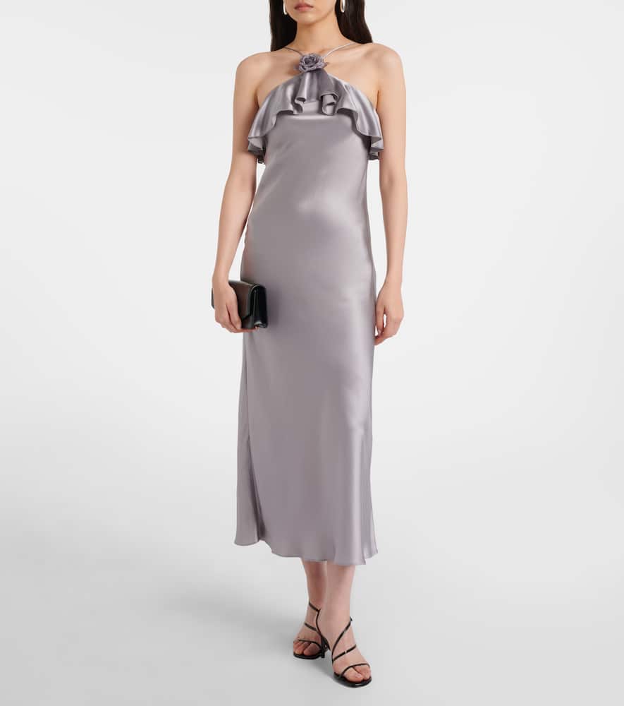 Floral-appliqué silk charmeuse slip dress