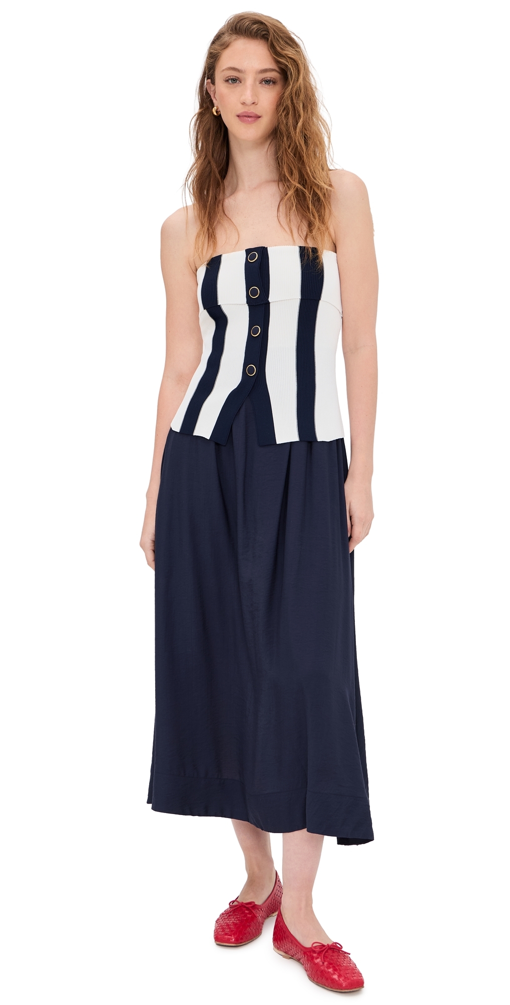 Tube Top Striped Detail Midi Dress Navy/Ivory