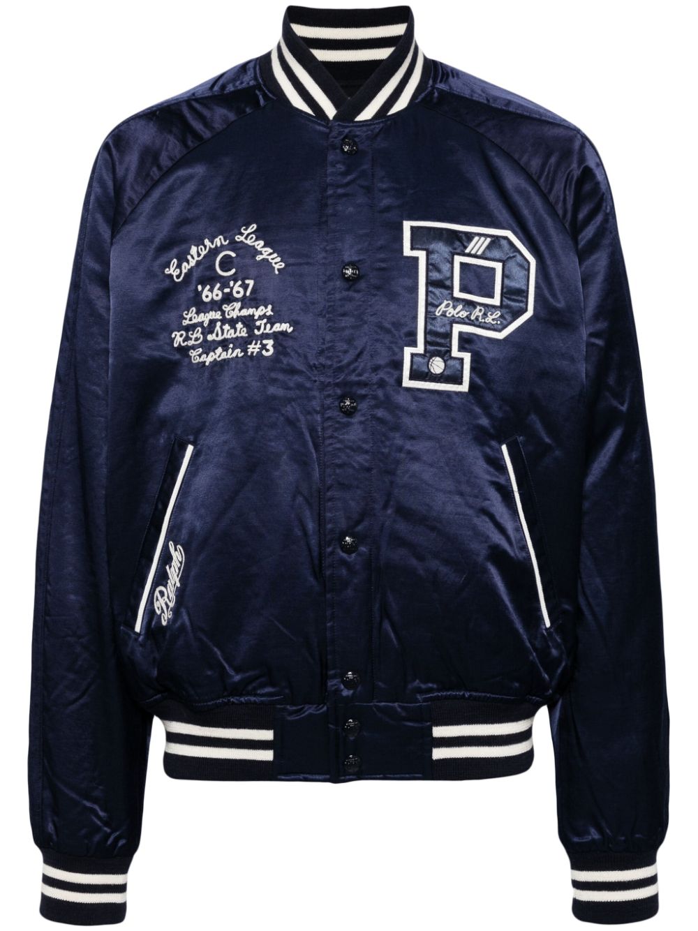 Logo-appliqué satin bomber jacket - Blue