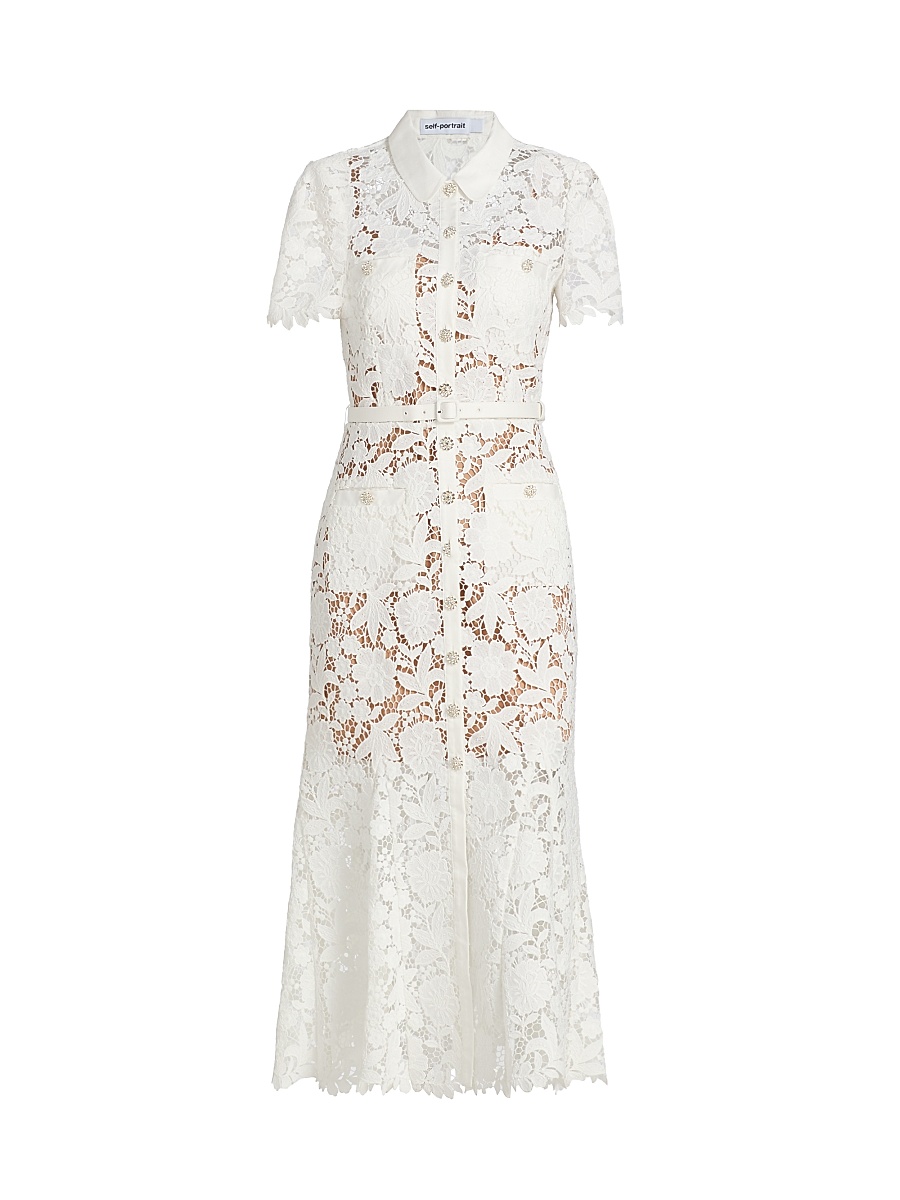 Women's Tie-Waist Lace A-Line Midi-Shirtdress - White