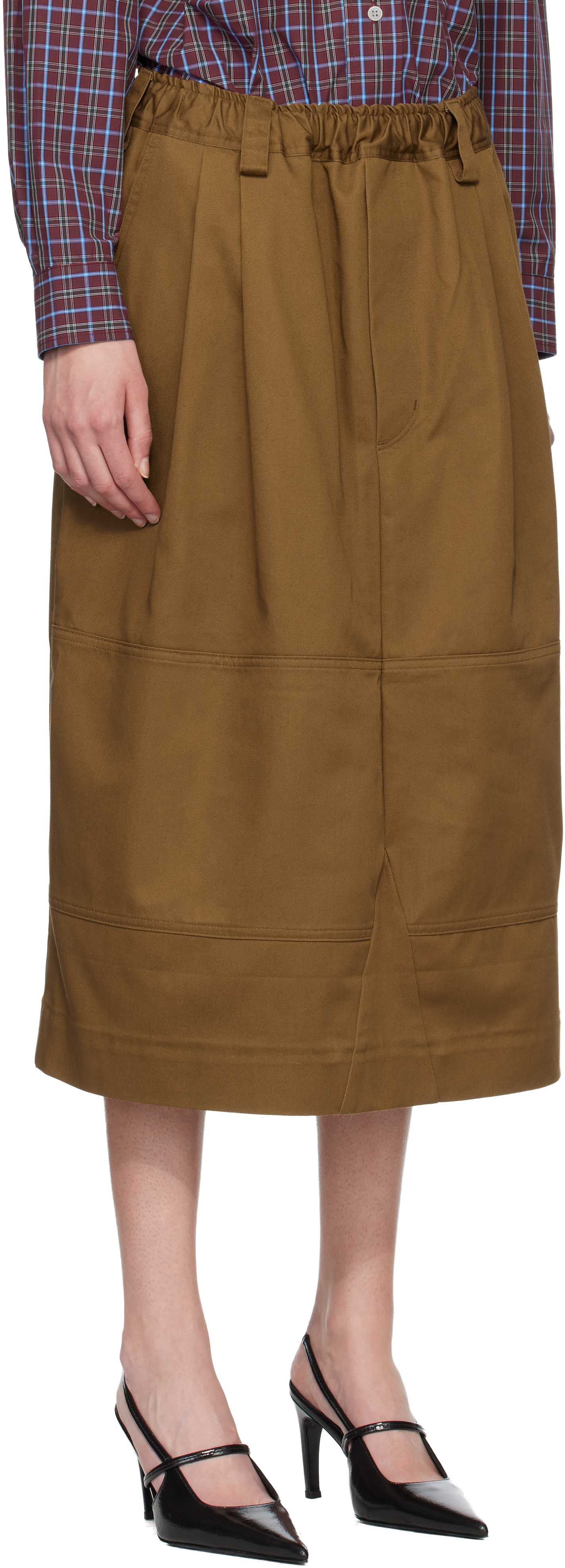 Brown Workwear Drawstring Denim Midi Skirt