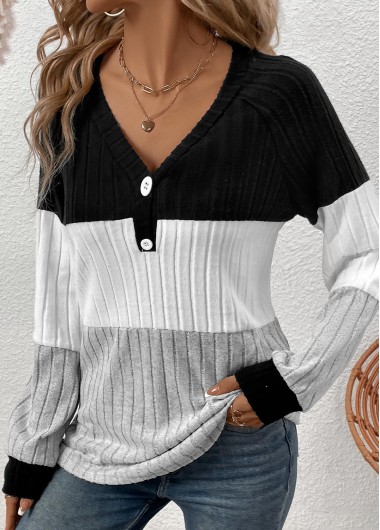 Modlily Black Patchwork Long Sleeve V Neck T Shirt