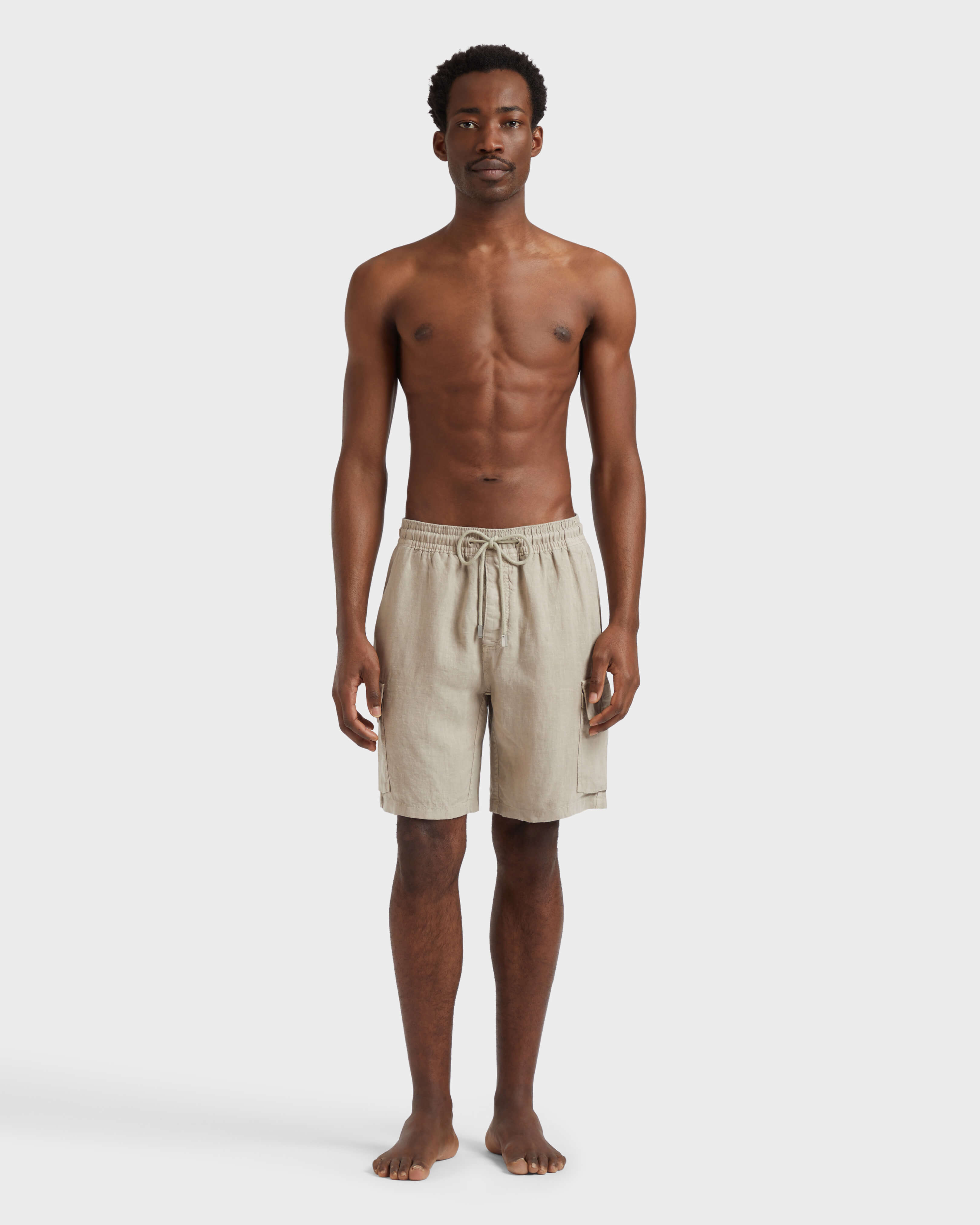 Men Linen Bermuda Shorts Cargo Pockets - Ber - Baie - Beige