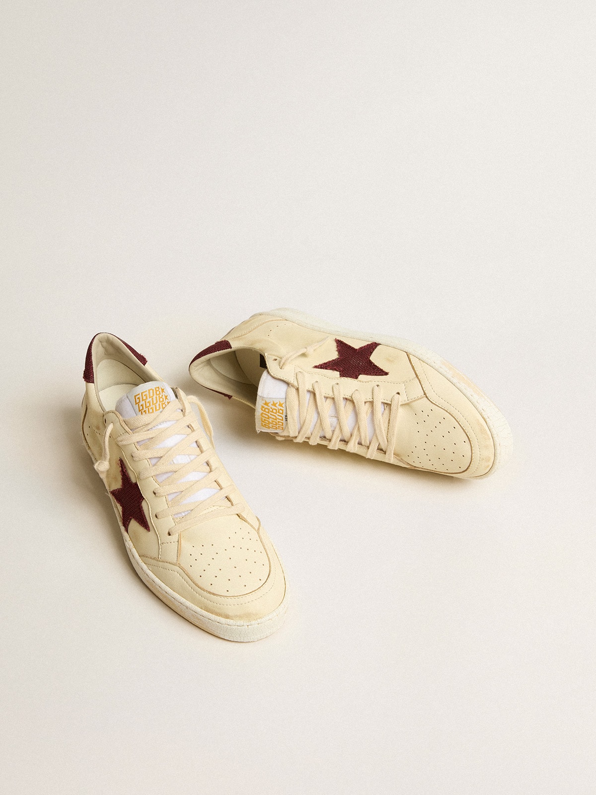 Golden Goose - Men's Ball Star In Beige Nappa With Burgundy Mesh Star And Heel Tab, Man