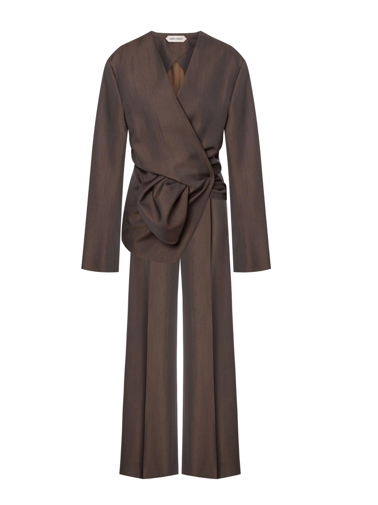 Wool Wrap Pant Suit — Brown