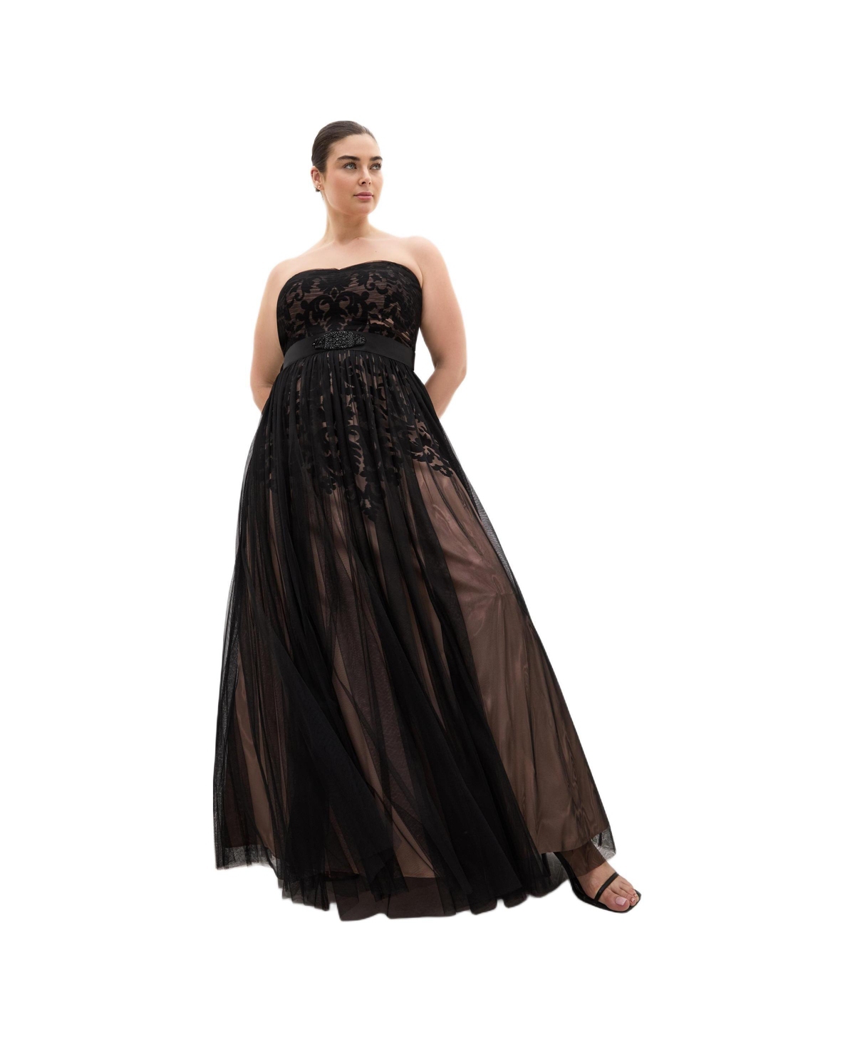 Plus Size Embroidered Tulle Maxi Dress - Black