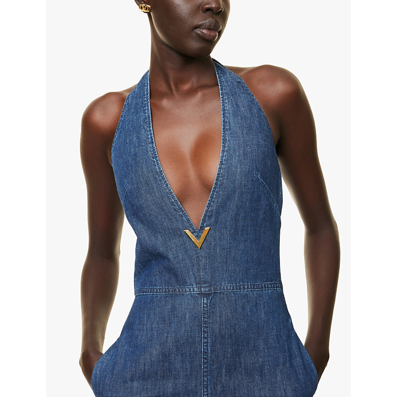 Womens Medium Blue Denim Plunge-neck Flared-leg Chambray Jumpsuit