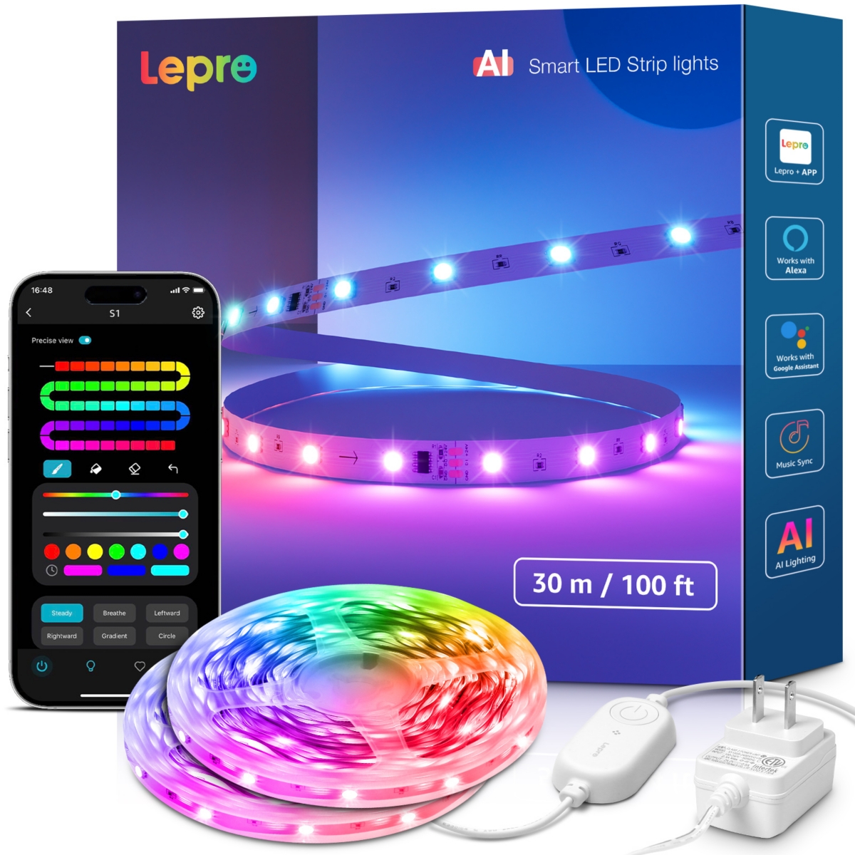 S1 Ai Smart Rgb Led Strip Lights, 100ft (2 Rolls of 50ft), Ic and Rainbow Chasing Effects, for Party Holiday Room Decor, 2.4G Wi-Fi & Bluetooth