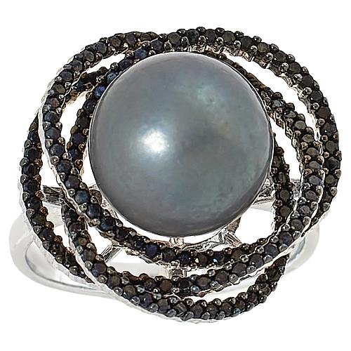 Sterling Silver Tahitian Pearl and Black Spinel Ring - Silver