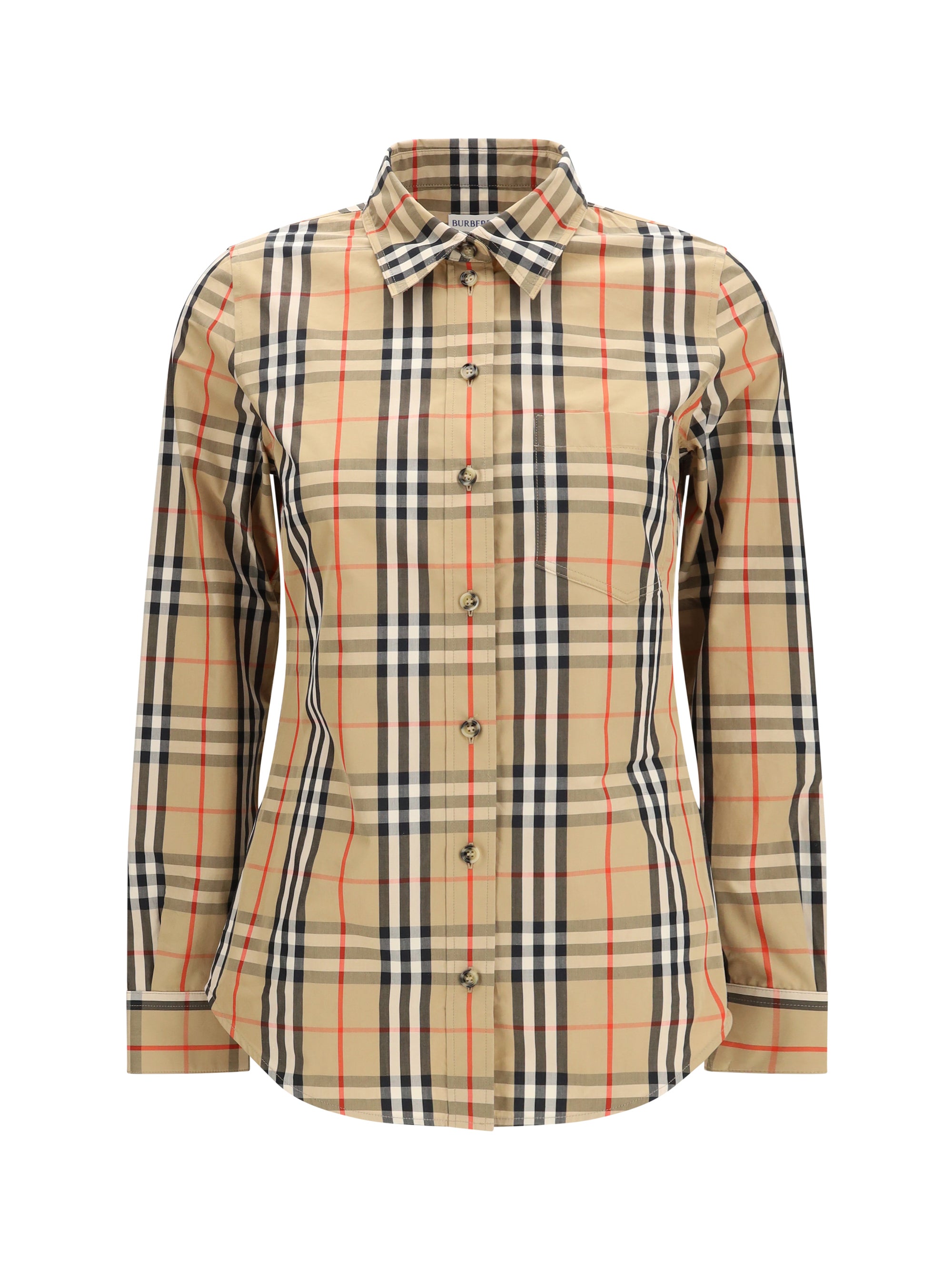 Stretch Cotton Check Shirt — Beige
