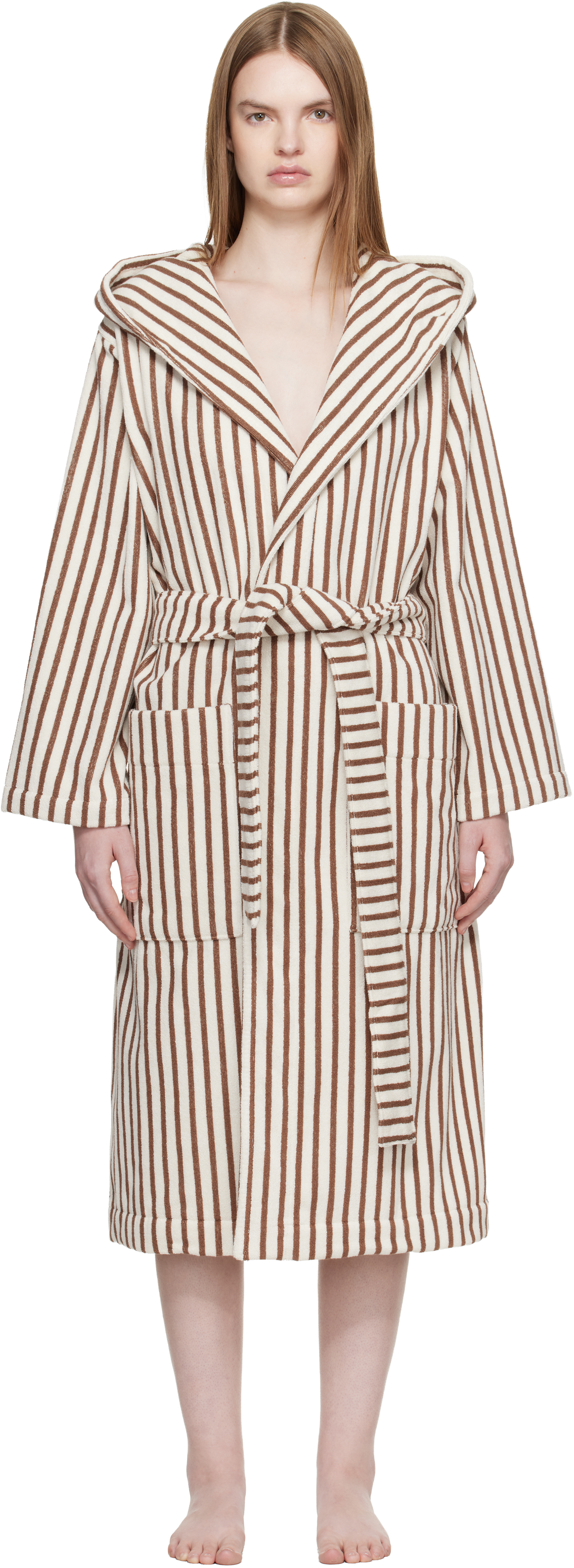 Off White & Brown Terry Hooded Bathrobe