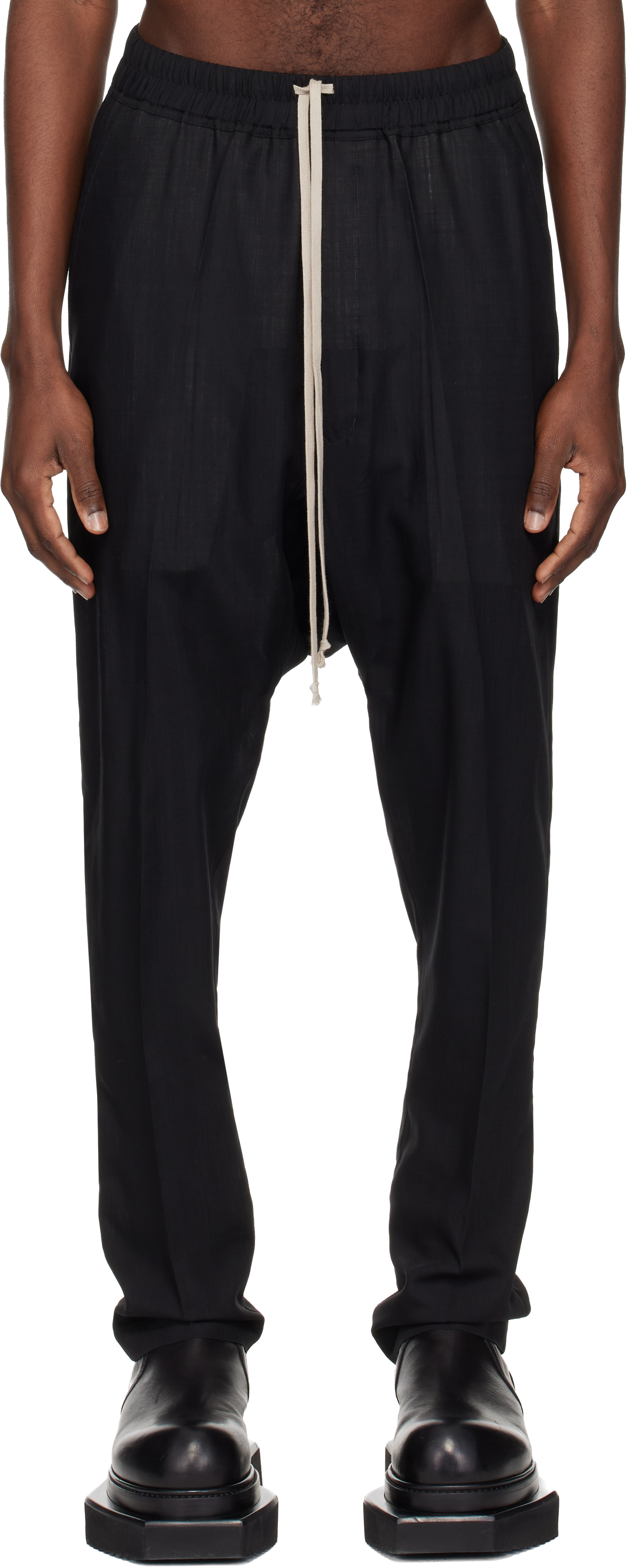 Black Temple Drawstring Slim Long Trousers