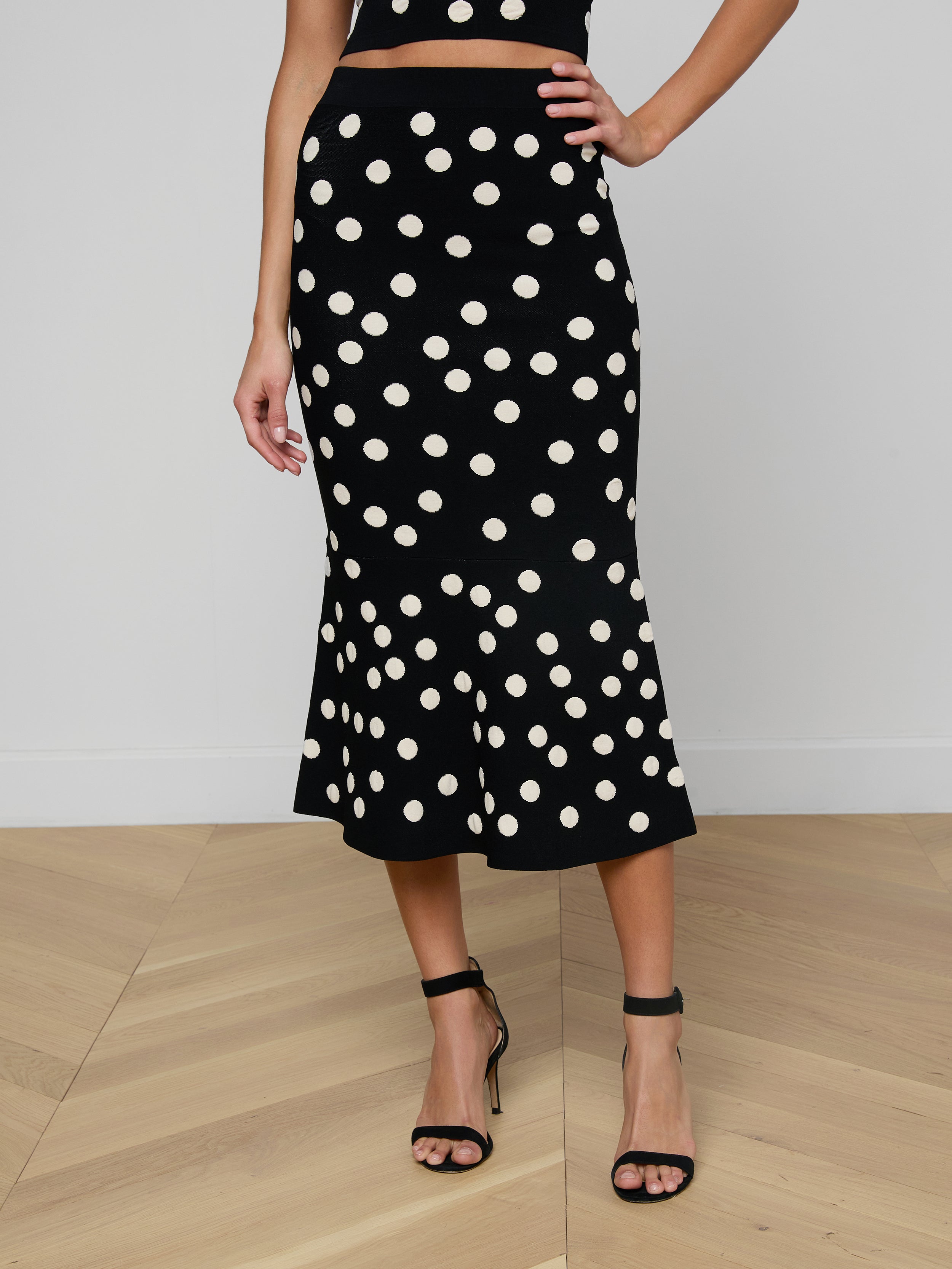 Mae Knit Flare Skirt In Black/ecru Polka Dot