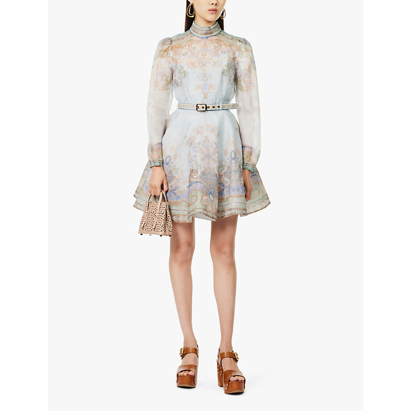 Womens Blue Paisley Eden Belted Flower-and-paisley-print Linen and Silk-blend Mini Dress 