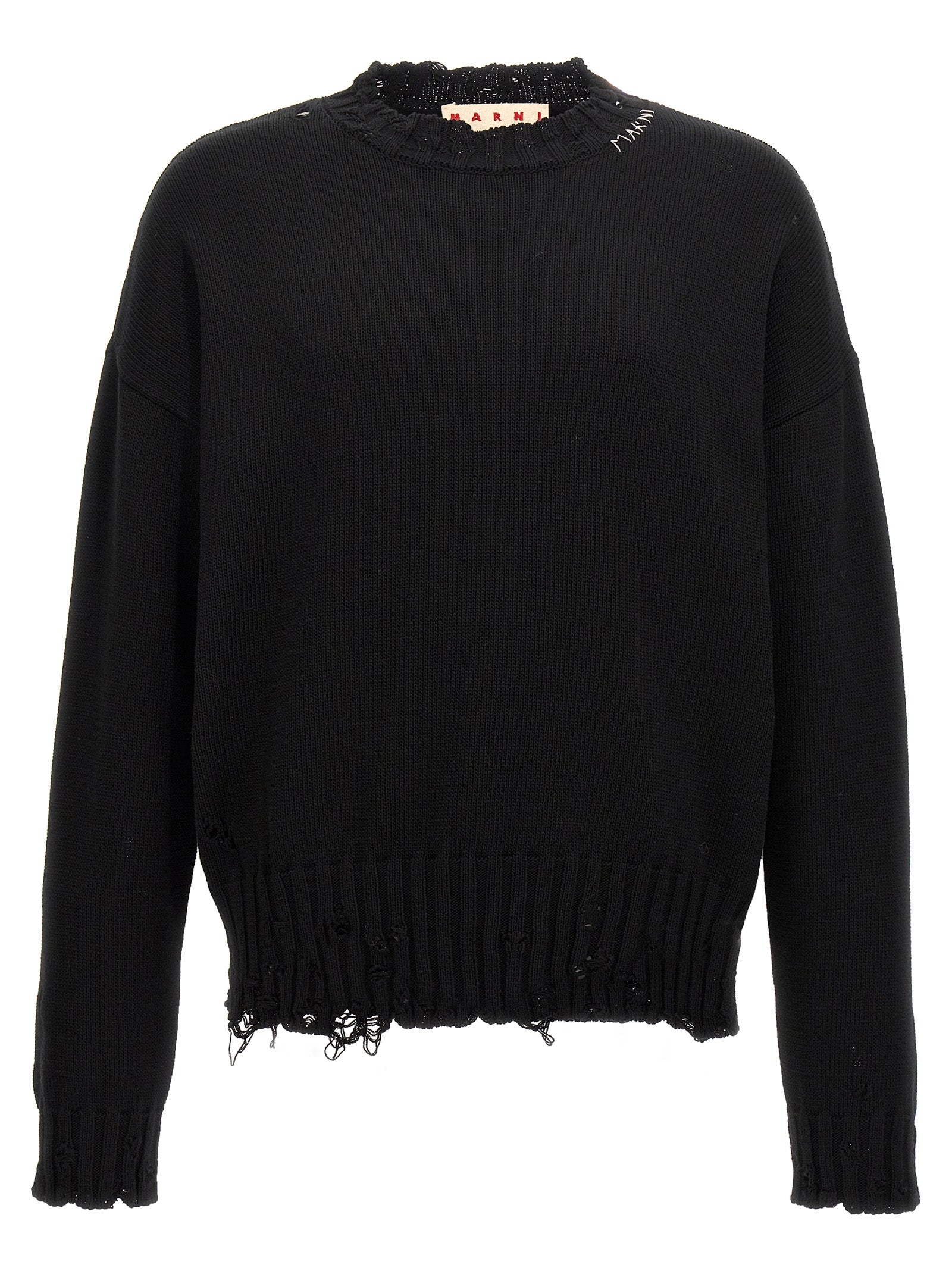 Distressed Cotton Crew Neck Sweater — Black