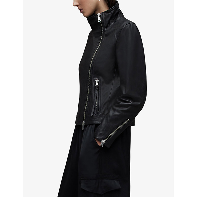 Womens Black Ellis Funnel-neck Leather Biker Jacket