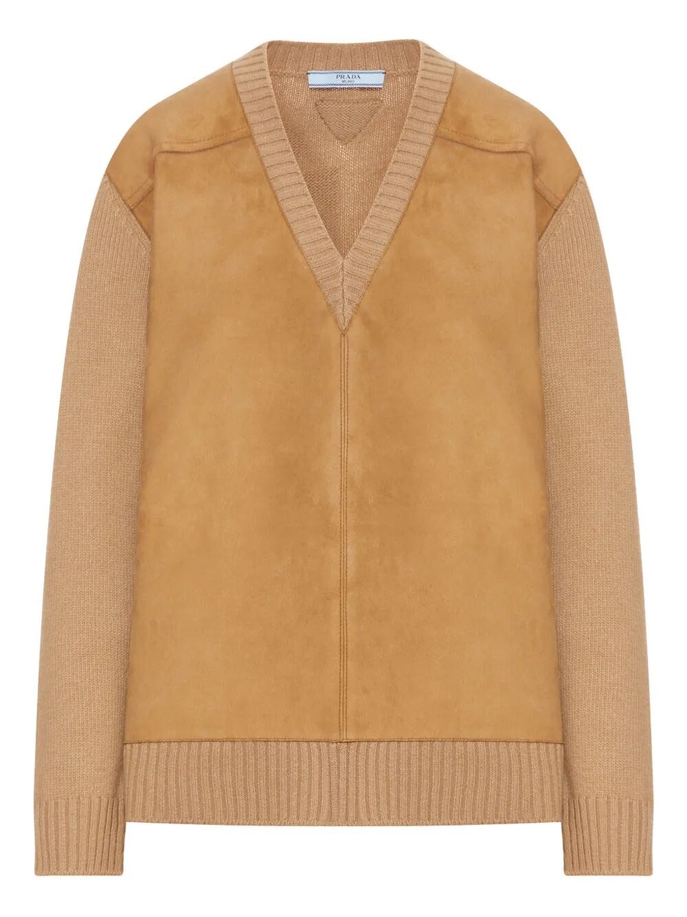 Suede-Panel V-Neck Wool Sweater