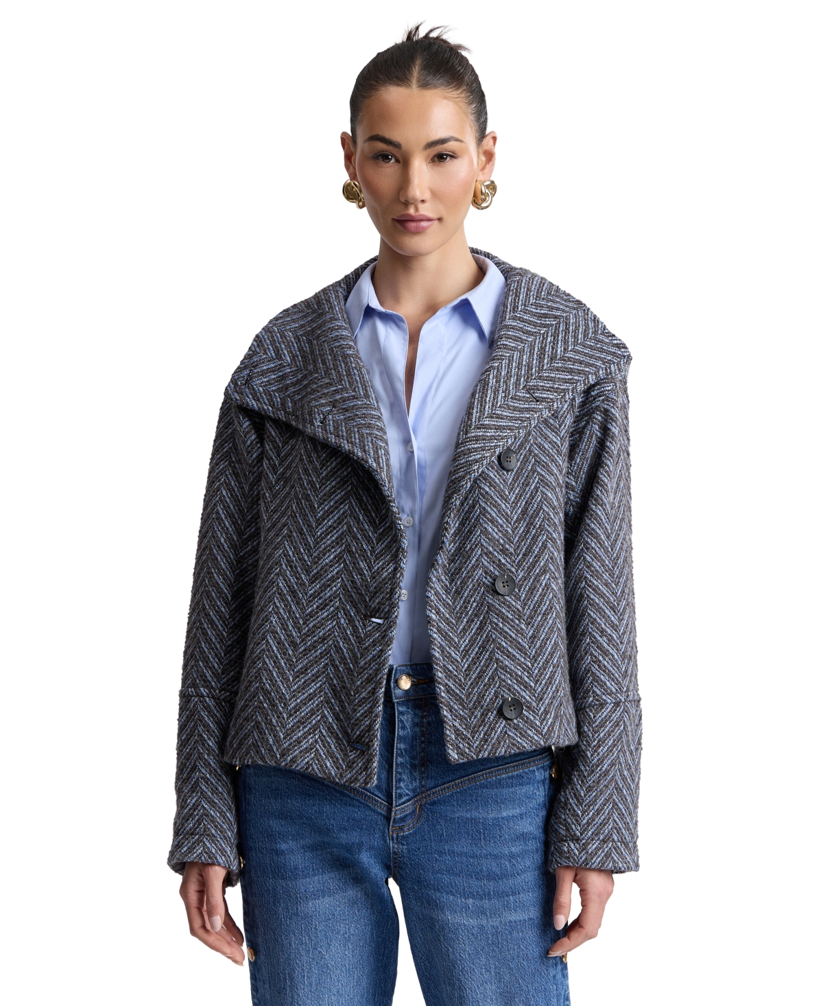 Womens Short Funnel Neck Wool Coat - Blue Chevron