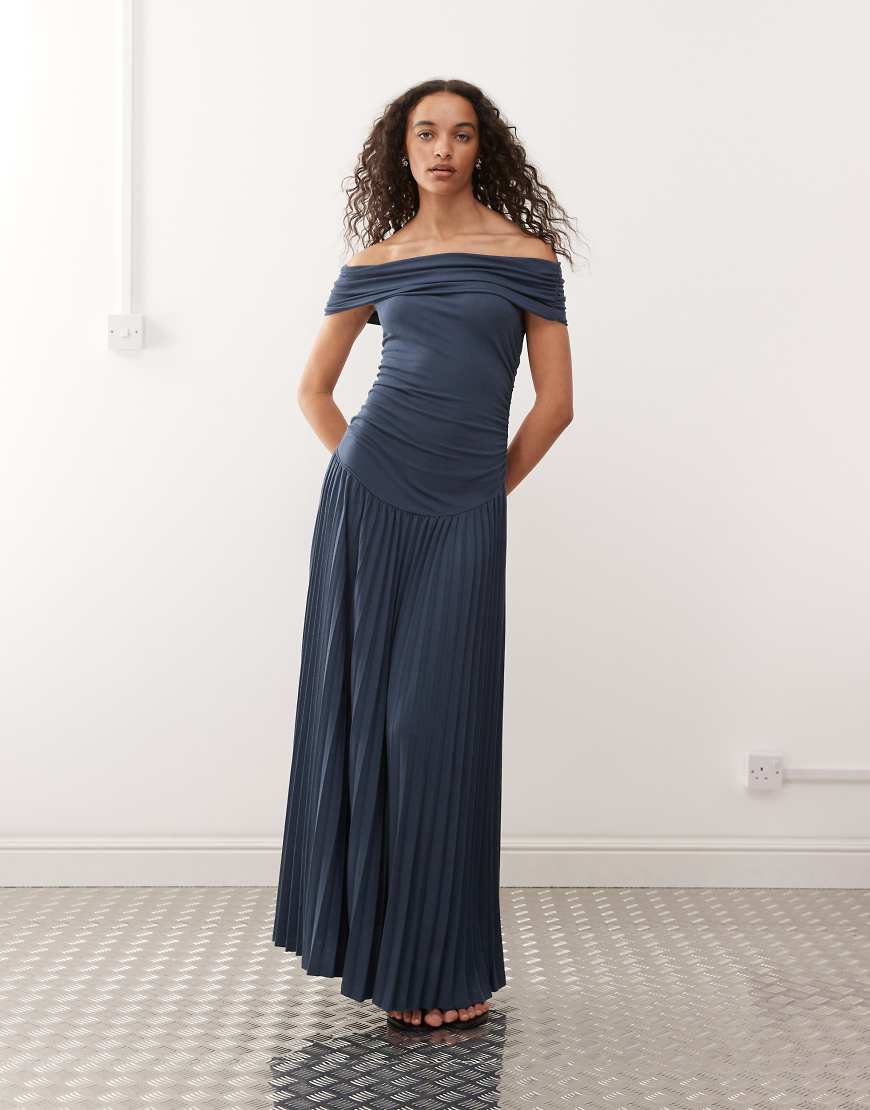 Field of Dreams fine knit foldover bardot ruched drop waist pleated maxi dress in navy