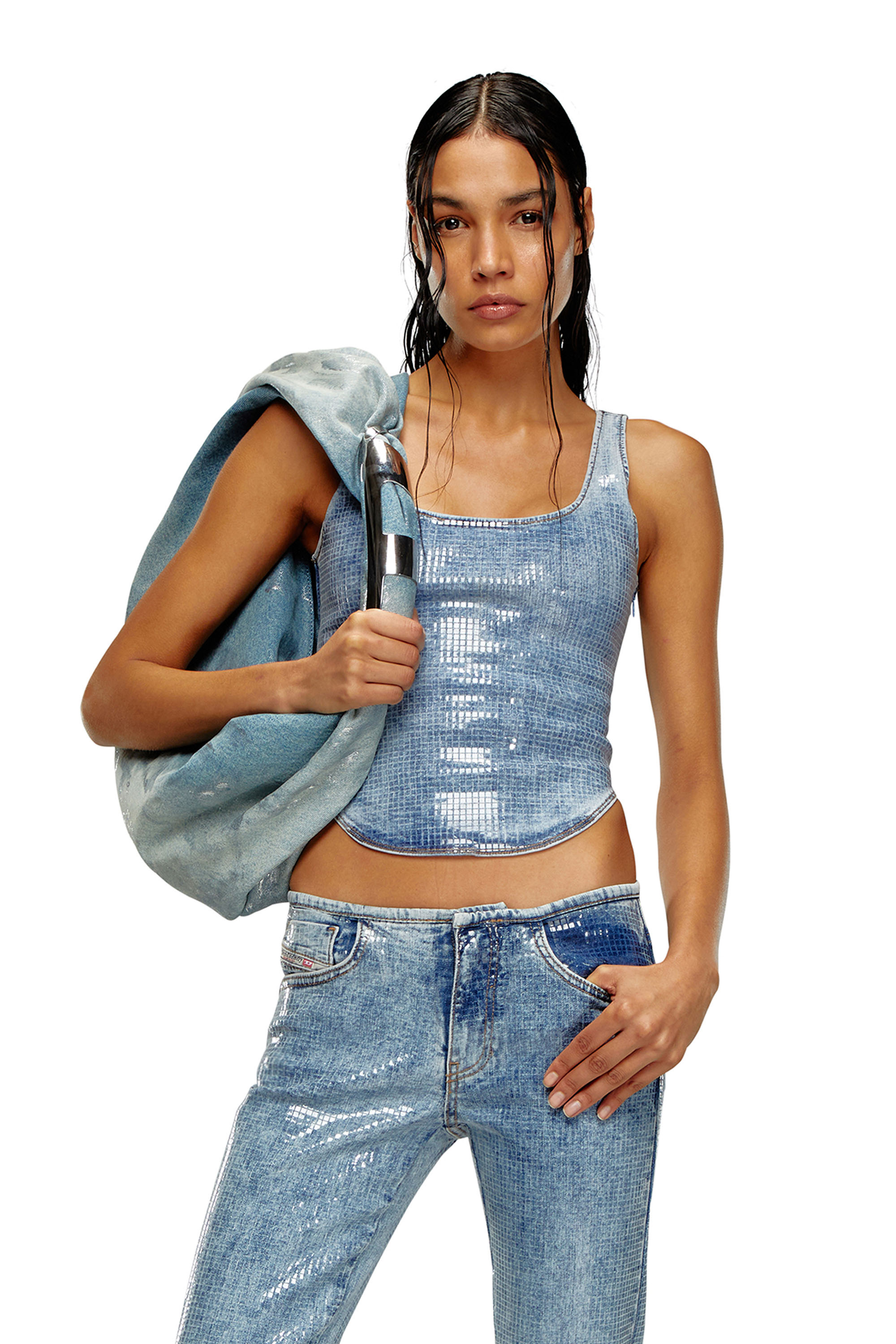 Oval D-embroidered denim tank top - Blue