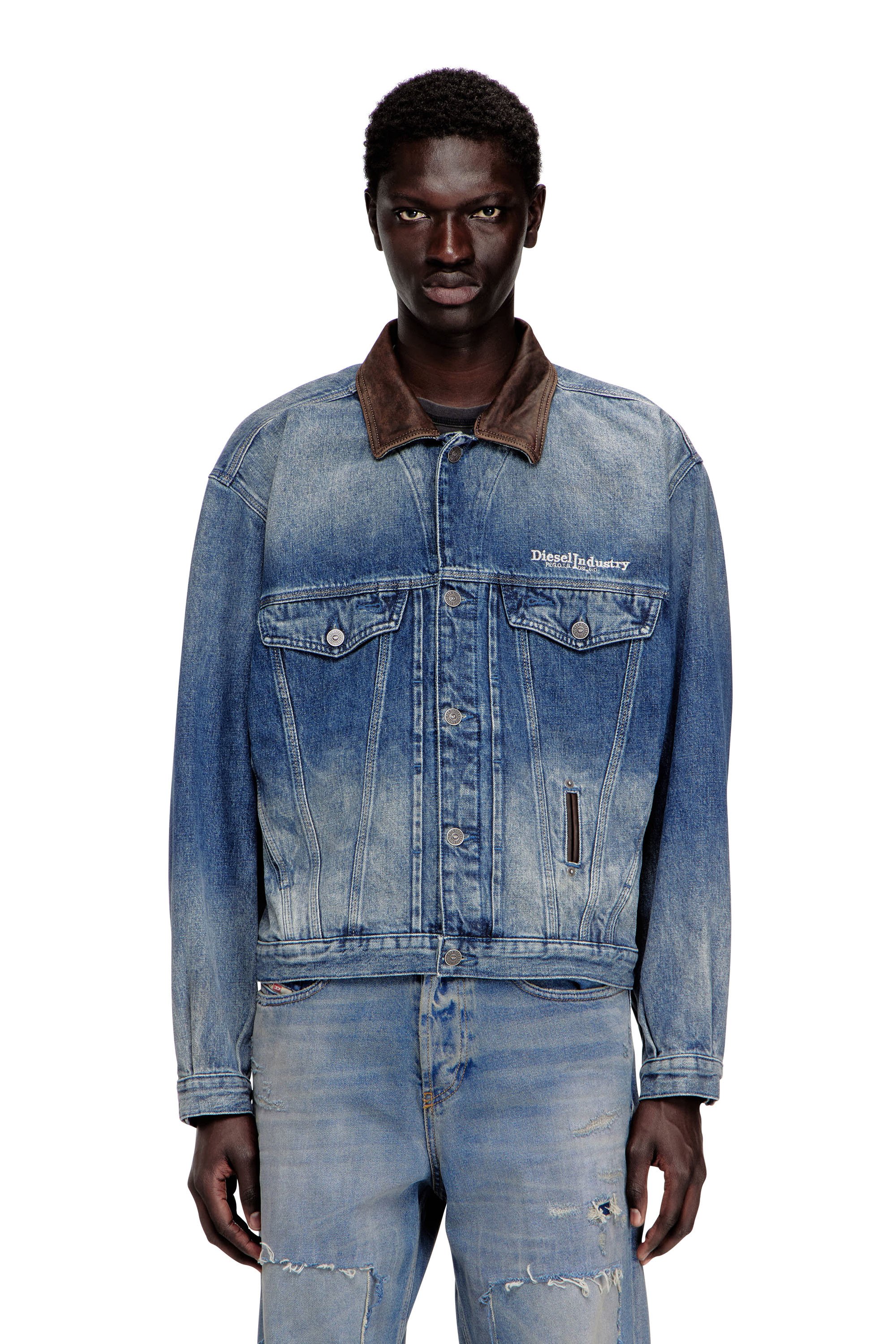Denim trucker jacket with contrast leather trims - Denim Jackets - Unisex - Blue