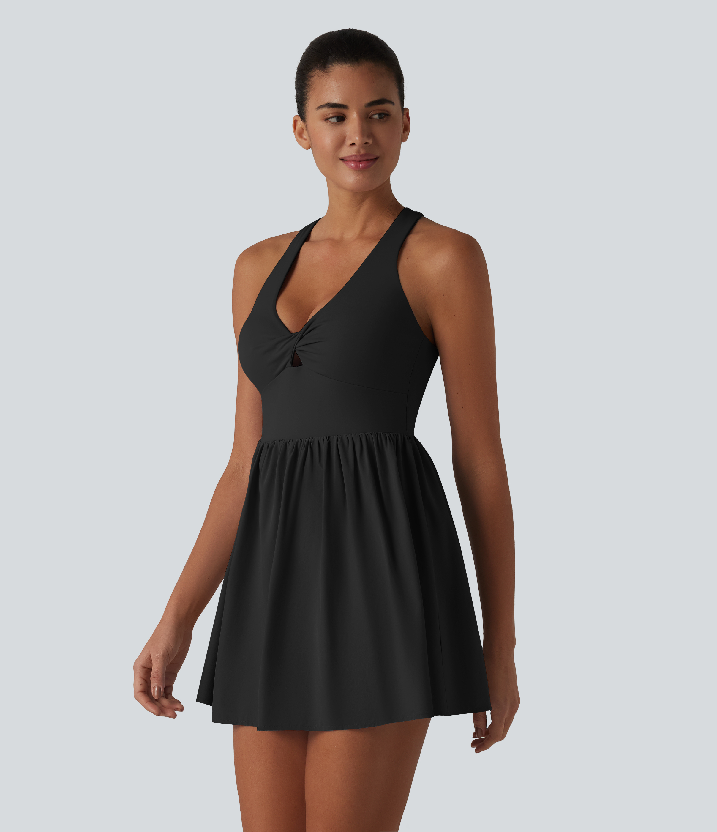 Breezeful™ V Neck Built-in Bra Racerback 2-in-1 Quick Dry Mini Tennis Active Dress with Pockets-Easy Peezy Edition Workout Dress - Black