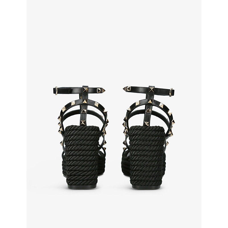 Womens Black Rockstud 95 Braided Leather Heeled Sandals