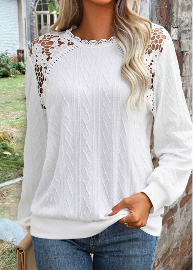 Modlily White Lace Long Sleeve Round Neck Sweatshirt