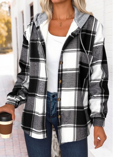 Modlily Black Tummy Coverage Plaid Long Sleeve Hooded Track Jacket