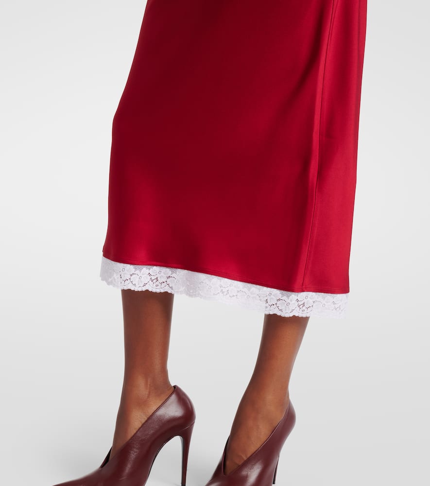 Lace-trimmed satin midi skirt