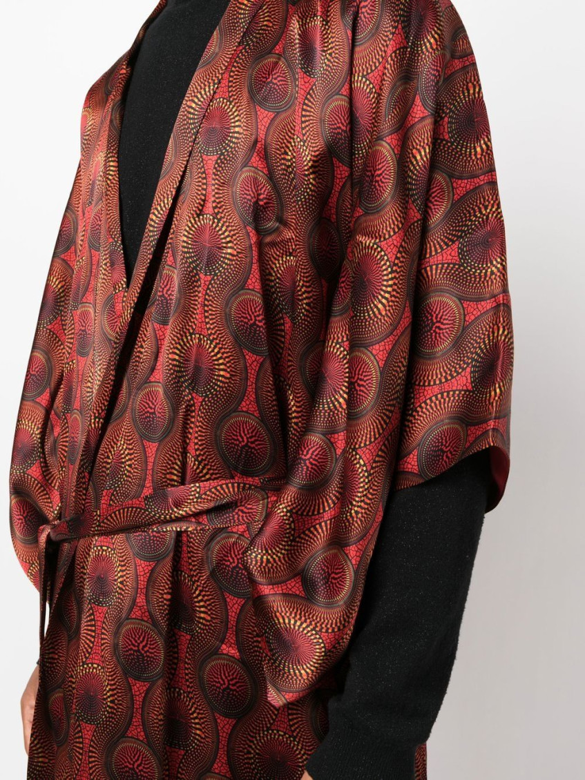 Red Printed Silk Long Kimono