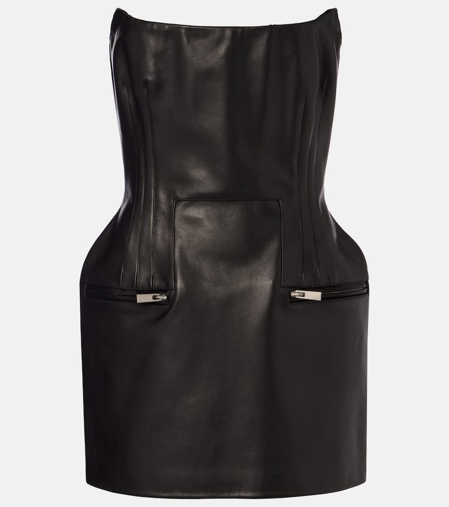 Off-shoulder leather bustier minidress