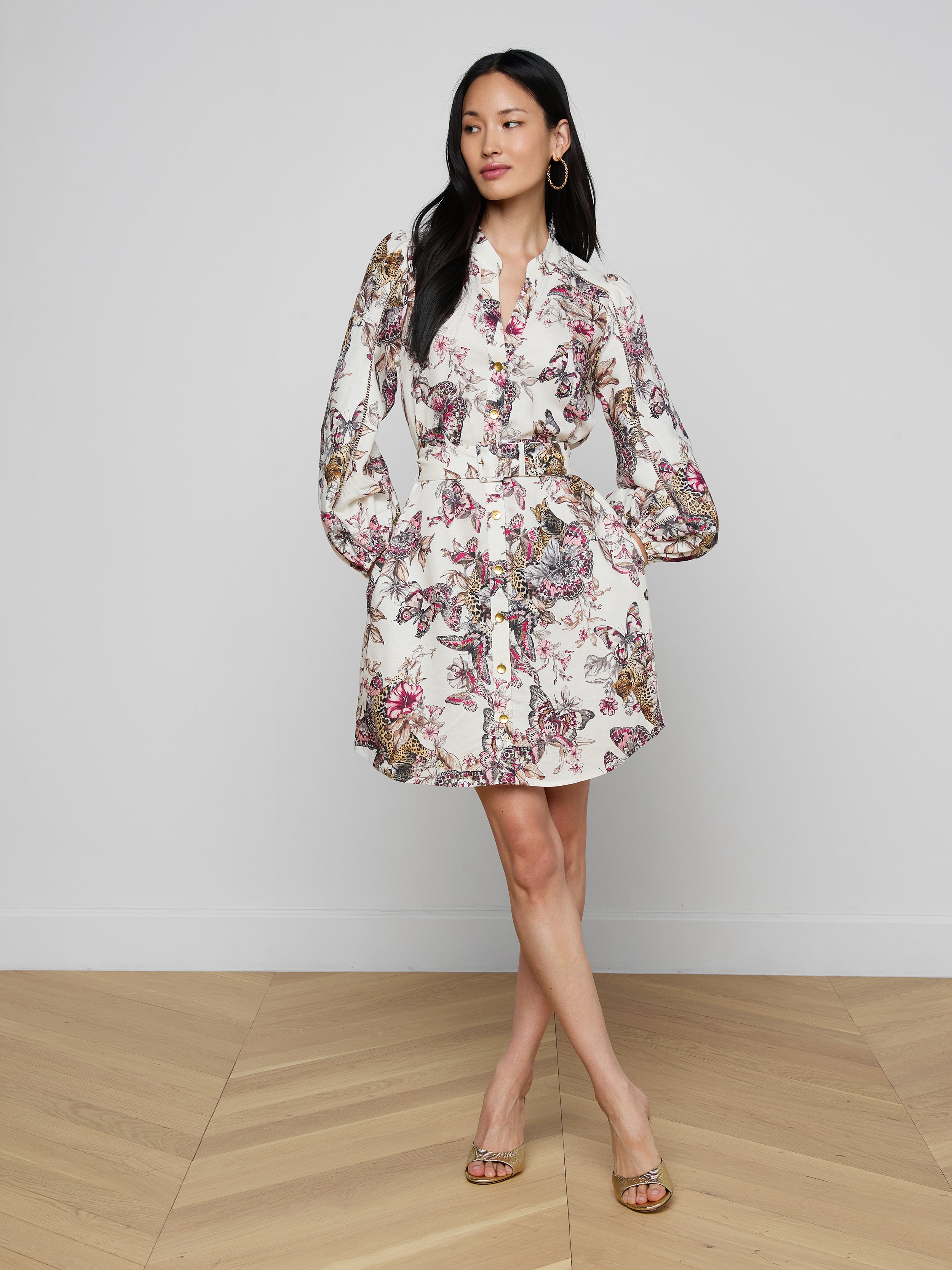 Kiersten Dress In White Multi Large Butterfly Jungle