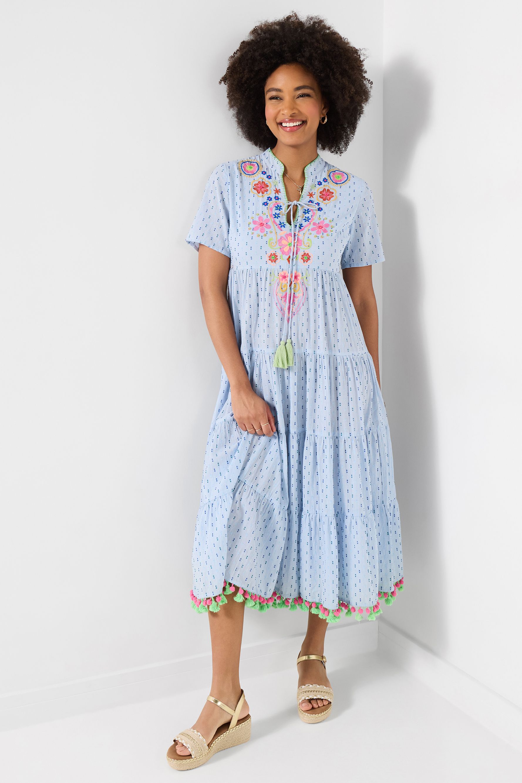 Joe Browns Embroidered Midi Dress With Tie Neckline And Tassel Trim In Blue