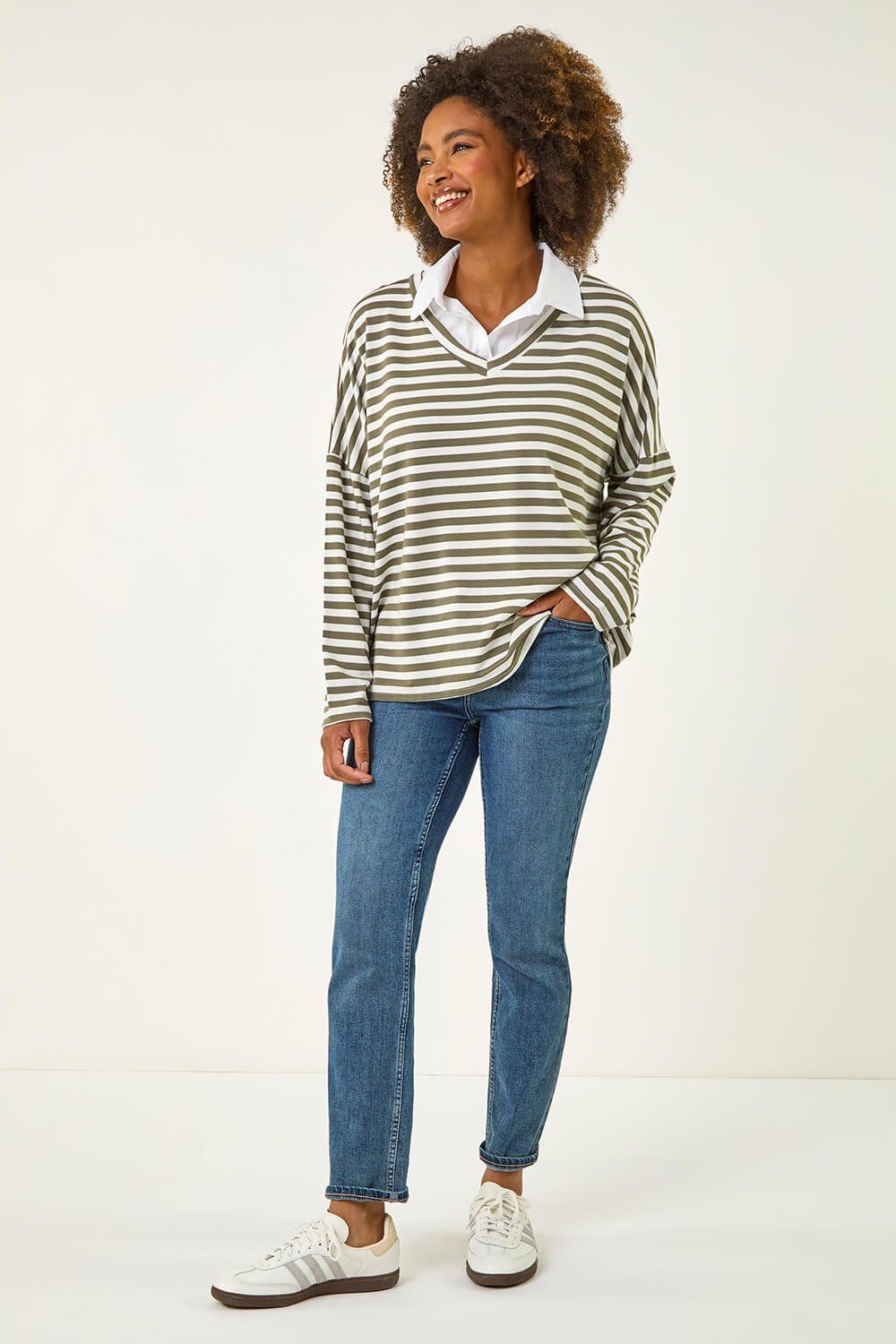 Roman Stripe Print 1 Top In Khaki