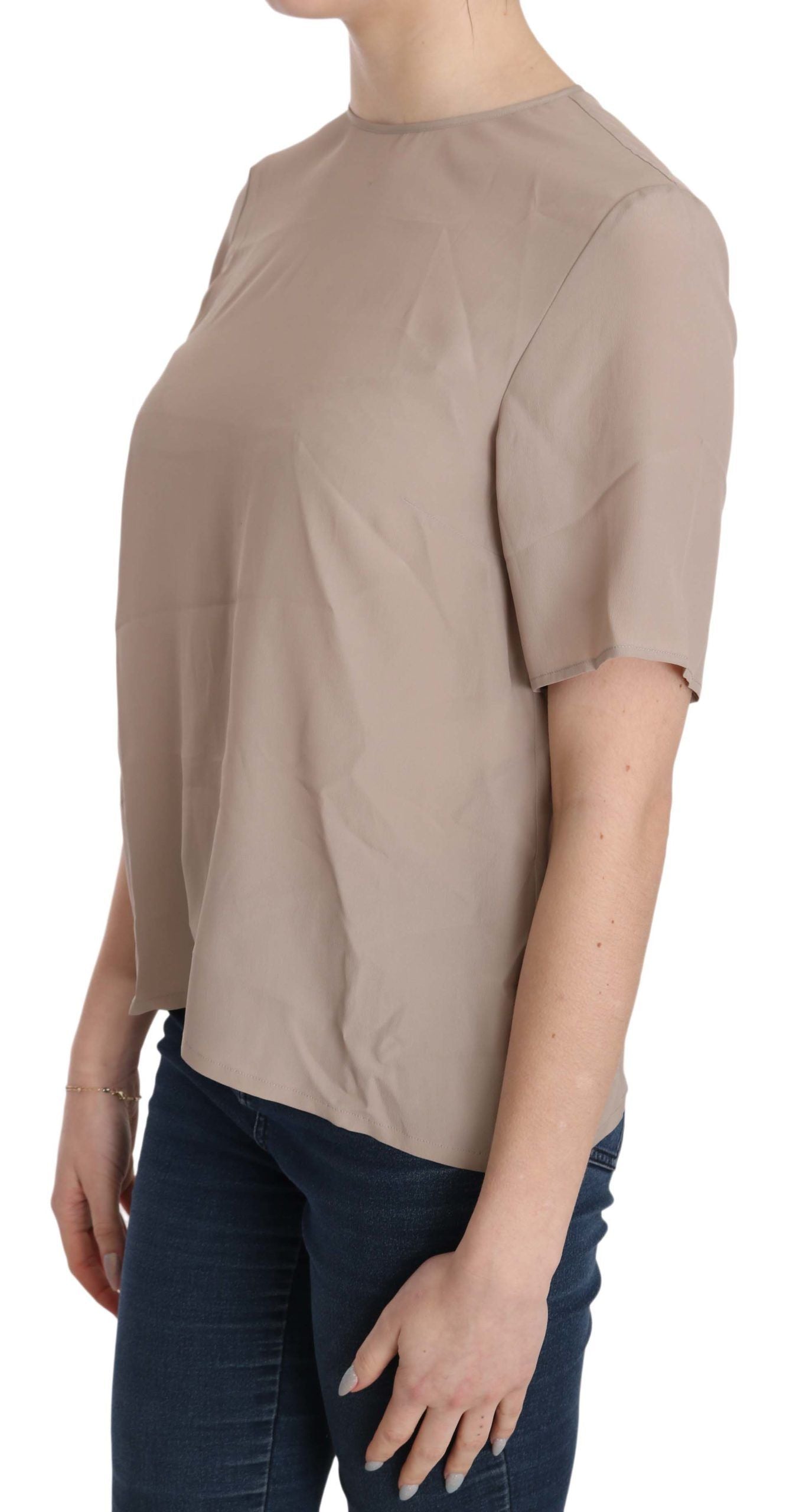 Crew Neck Short Sleeve Blouse — Beige