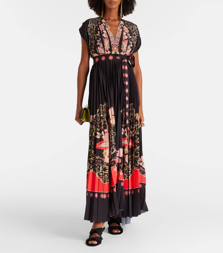 Accordion printed plissé maxi dress