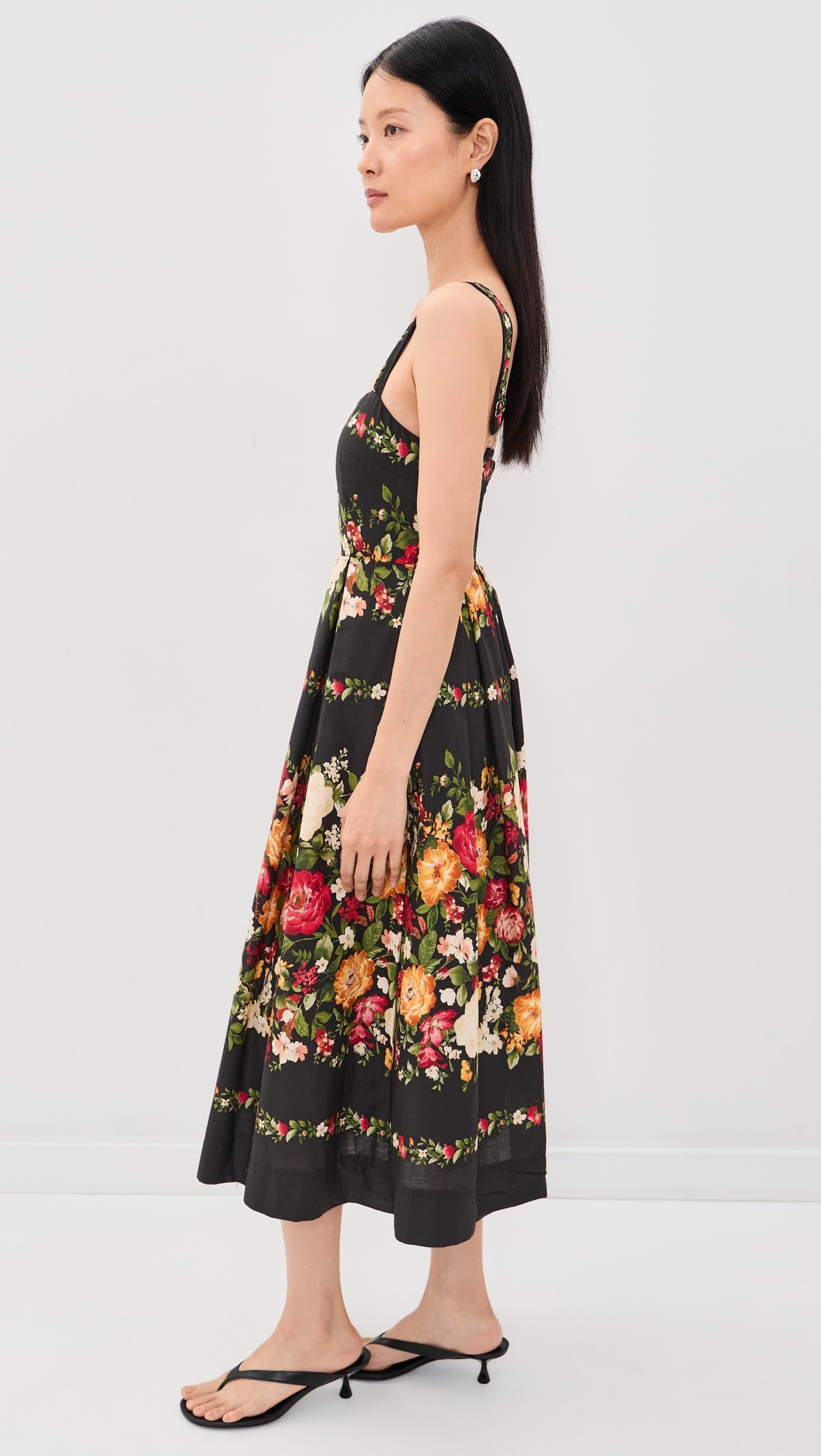 Floral Print Sweatheart Neck Midi Dress Black multi