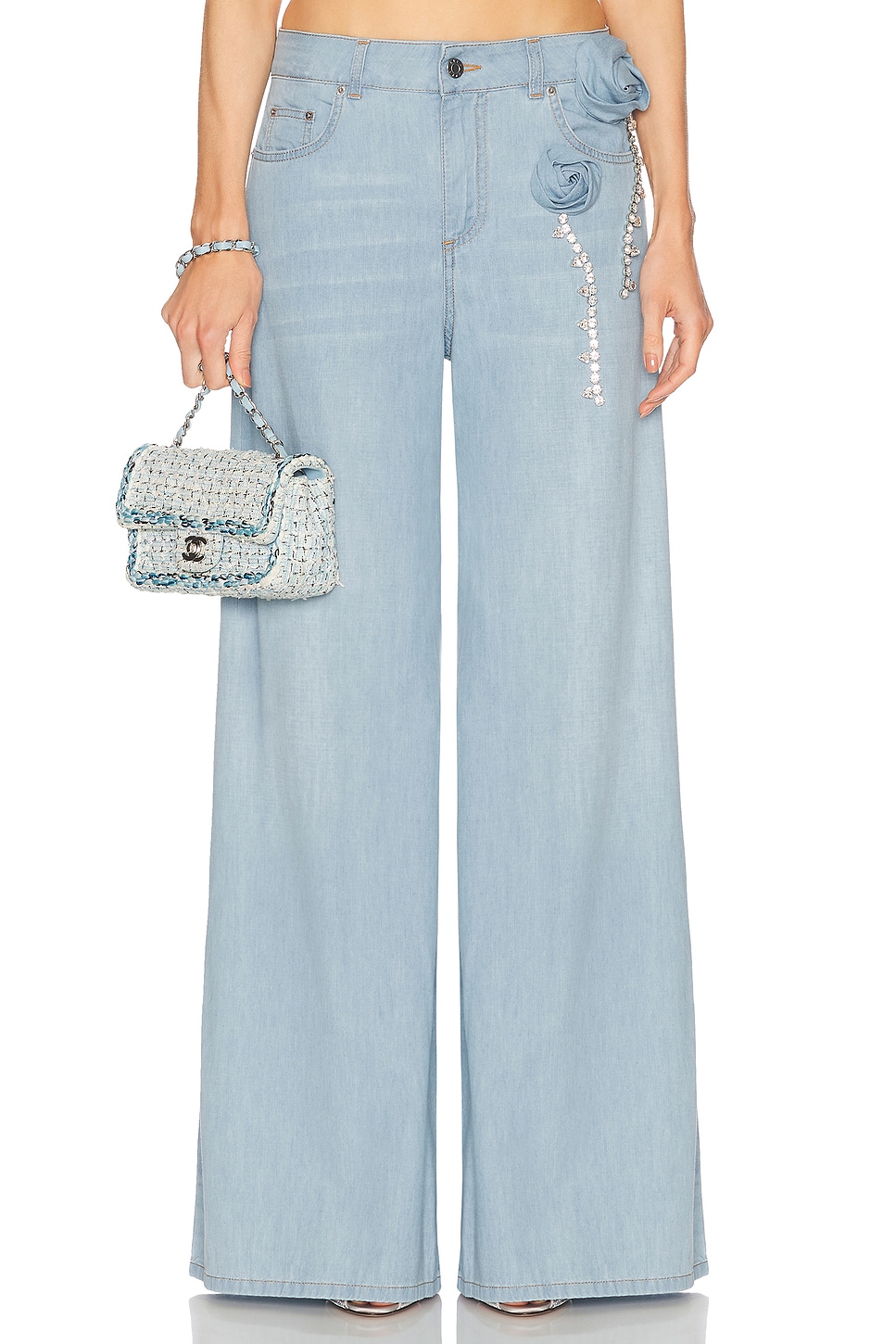AREA Crystal Rosette Wide Leg Jeans in Blue